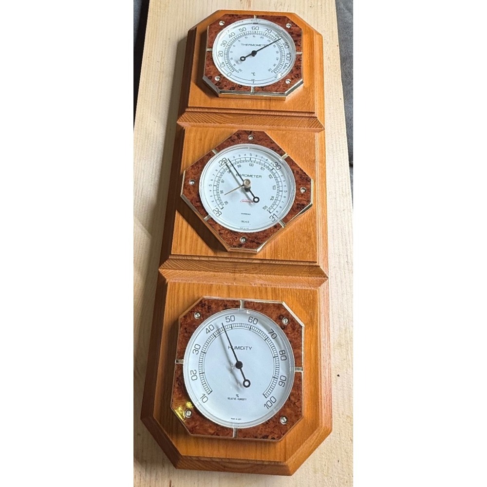 Sunbeam Weather Station Wood Wall Plaque Thermometer‎ Barometer Hygrometer USA